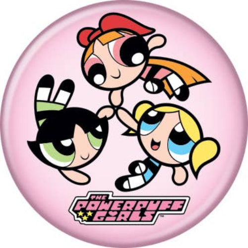 Button badge with Powerpuff Girls on a pink background