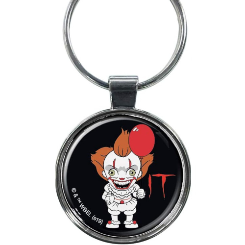 A round keychain featuring a chibi-style depiction of the character Pennywise from the movie 'It', with a red balloon, in a black background.
