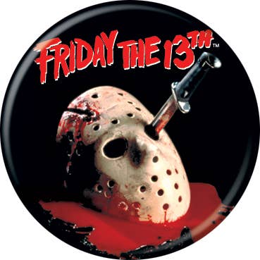 Friday The 13th Mask with Knife Button Round 1.25in