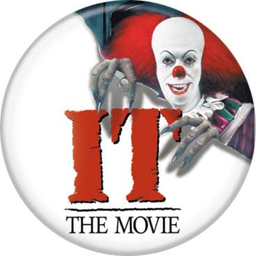 A button featuring the character Pennywise from the movie 'It', with red text and a white background.