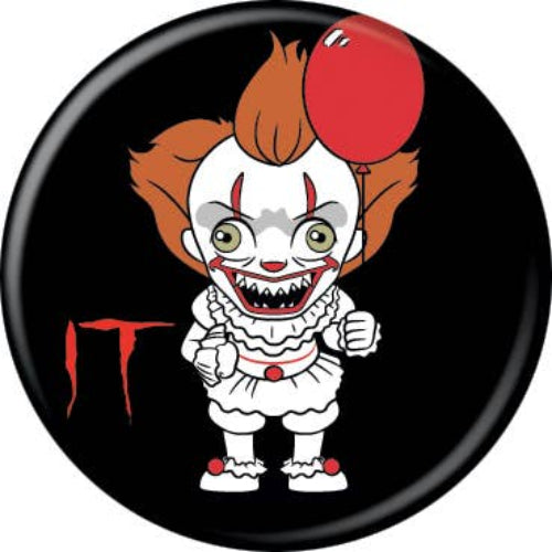 A button featuring a chibi-style illustration of the character Pennywise from the movie 'It', with a black background, red balloon, and white dress.